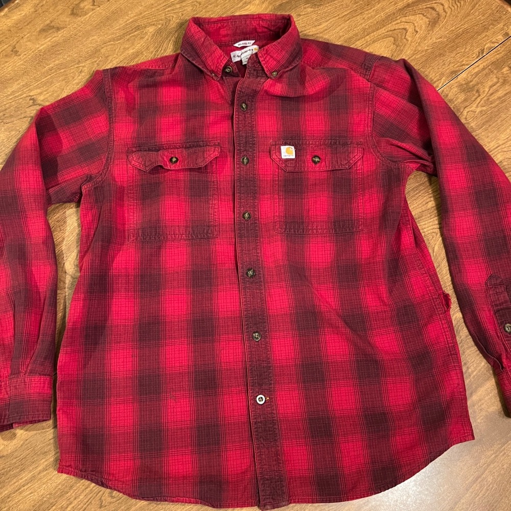 Carhartt Mens Relaxed Fit Shirt Red Black Plaid Long Sleeve Button Down M - Picture 2 of 12